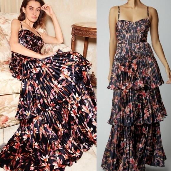 AMUR Londyn Pleated Tiered Maxi Dress Black Floral Size 8 Women's Preowned - Picture 12 of 12